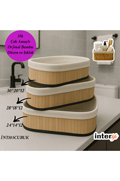 İnterlife Bambu 3lü Sepet Çok Amaçlı Banyo Dolap İçi Düzenleyici Yıkanabilir ...