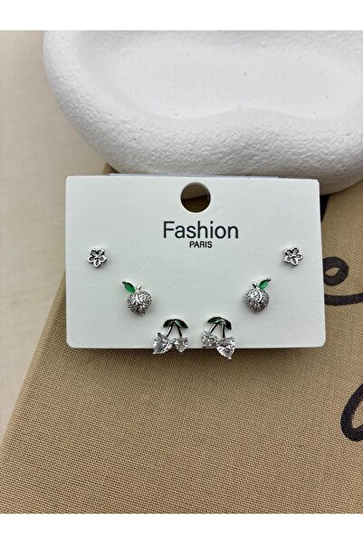 Hedef Bijuteri Zirkon Taşlı Gümüş Renk 6'lı Kiraz,Elma Model Küpe Seti