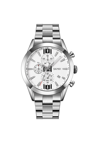 Skmei Ceas de mână pentru bărbați, cuarț, analogic, cu dată, oțel argintiu
