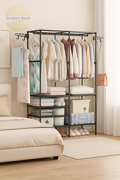 Golden Bark Wardrobe with 4 shelves for storing and organizing clothes and shoes – black