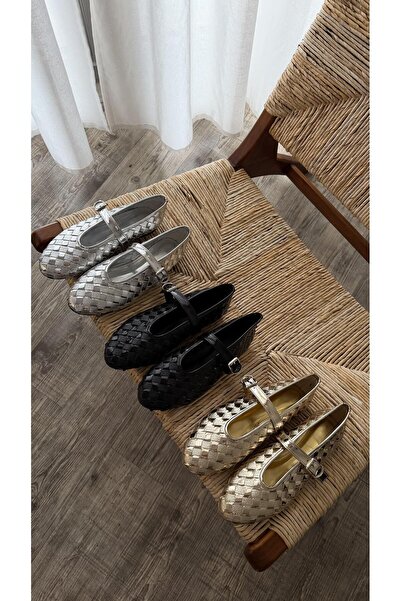 Eataly Shoes Ασημί πραγματικό πλέγμα γυαλιστερές μπαλαρίνες