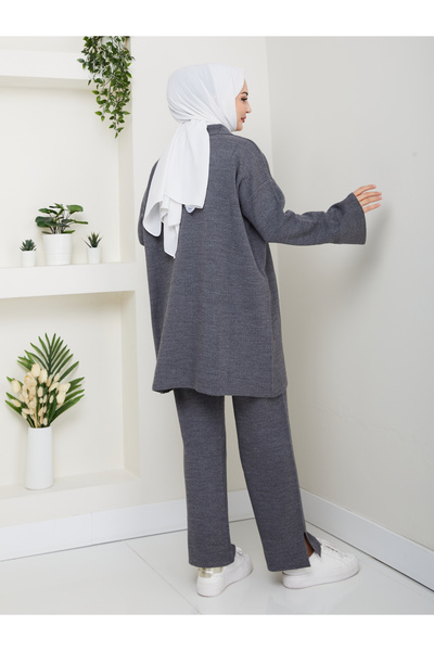 FERHEL Oversize Ribbed Steel Knit Detailed Cardigan Pants Knitwear Set