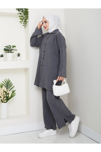 FERHEL Oversize Ribbed Steel Knit Detailed Cardigan Pants Knitwear Set
