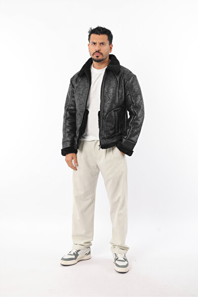 Rodrigo Men's Suede Black Coat with Fur Inside and Zippered Pockets