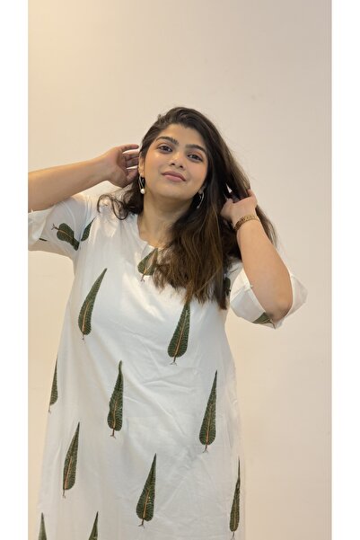 Ruh Collections White & Green leaf Oversized Cotton Kurta Set