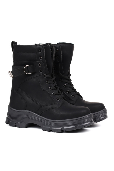 KAJILA Women's Black Nubuck Boots – Thick Sole, Zippered, Lace-Up, Rubber Buckle, Comfortable, Casual, Stylish and Durable