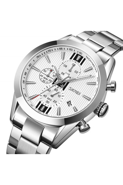 Skmei Ceas de mână pentru bărbați, cuarț, analogic, cu dată, oțel argintiu