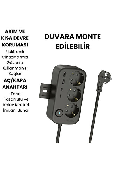 SMAYLİNG 3’lü Akım Korumalı Priz | 2 USB + 2 Type-C Anahtarlı ve Duvara Monte Edilebilir Uzatma Kablosu