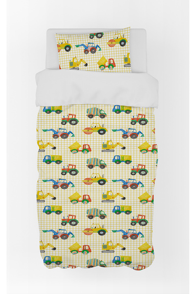 BelezaHome Yellow Plaid Construction Machinery Themed Single Baby Kids Bedding Set