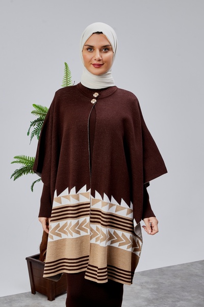 CNR TEKSTİL Tricot Poncho with Ethnic Patterned Accessories