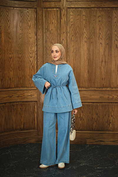 LOCCO Kadın V Broş Detay Takım Açık Mavi