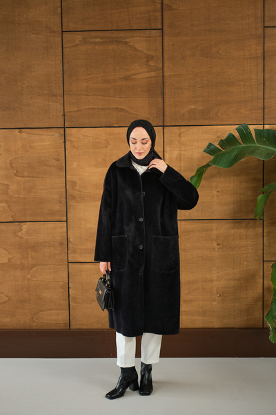 LOCCO Kadın Yaka Detay Peluş Kaban Siyah