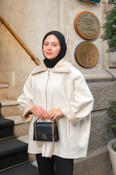 LOCCO Kadın Peluş Yaka Ceket Krem