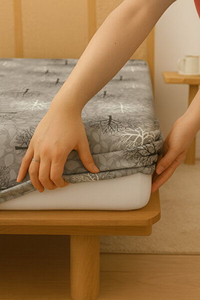 Vip Home Concept Market Ürünleri ملاءة سرير مزدوجة مطاطية 160 سم × 200 سم ملاءة قطنية-شجرة رمادية