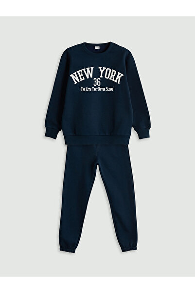 LC Waikiki LCW Kids Lacivert Bisiklet Yaka New York Baskılı Erkek Çocuk Eşofman Takımı