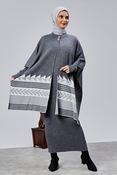 CNR TEKSTİL Tricot Poncho with Ethnic Patterned Accessories