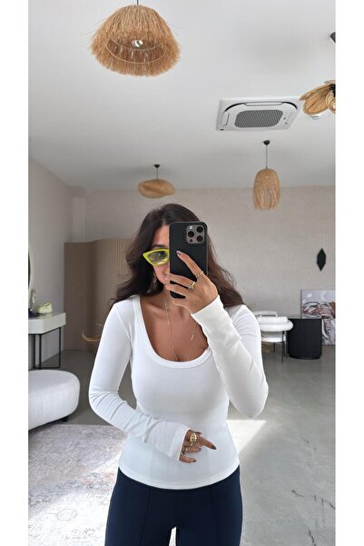 Buket Teke Λευκό οβάλ λαιμόκοψη με μακρύ μανίκι Ribana Basic