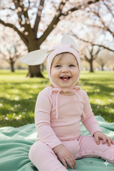 Babygiz Baby Girl and Boy 100% Cotton Combed Extra Soft Rabbit Ear Lace-Up Double Layer Beanie