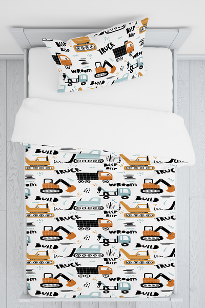 BelezaHome Orange Blue Construction Machinery Themed Single Baby Kids Bedding Set