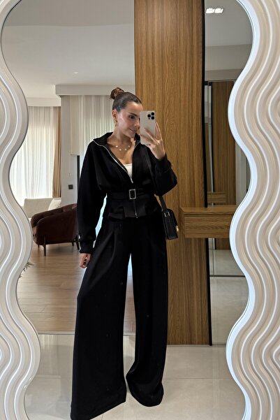 solena sln Women's Black Belt Detailed Wide Leg Modal Suit