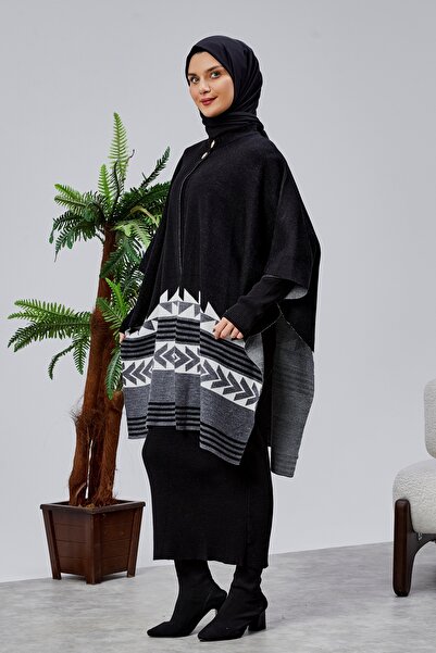 CNR TEKSTİL Tricot Poncho with Ethnic Patterned Accessories