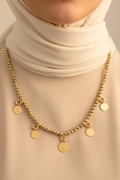 TwinsCollection Yarımlı ve Çeyrekli Altın 8mm İncili 3'ü Üçü Bir Yerde Kolye - ALTINLAR GERÇEK DEĞİLDİR