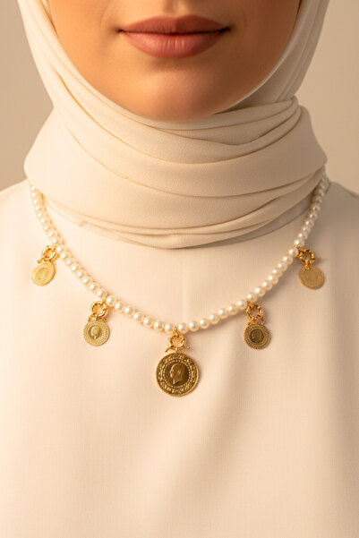 TwinsCollection Tamlı ve Çeyrekli Altın 8mm İncili 3'ü Üçü Bir Yerde Kolye - ALTINLAR GERÇEK DEĞİLDİR