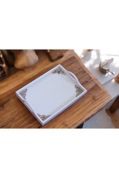 Decoratiuni Vintage Casa Retro Tava din lemn, decorativa, alb vintage, ornamente, pictata manual, 25 x 35 cm