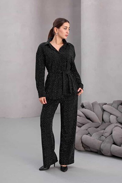 cemo Kadın Siyah Fiyonklu Oversize Gömlek Ve Bağcıklı Beli Lastikli Taş İşlemeli İkili Takım