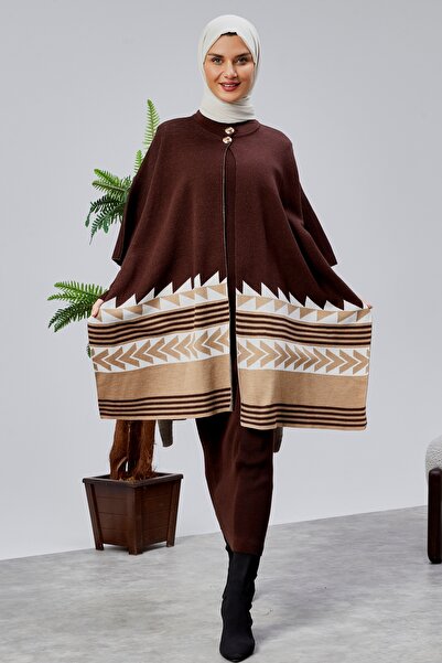 CNR TEKSTİL Tricot Poncho with Ethnic Patterned Accessories