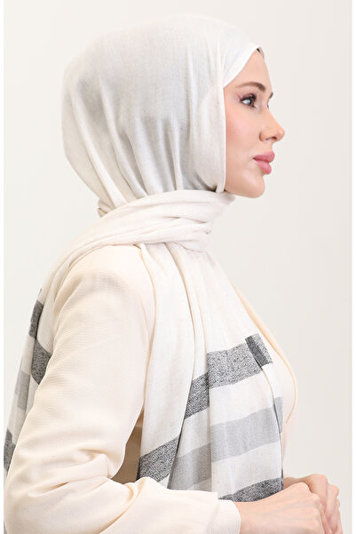 sefamerve Stripe Patterned Linen Shawl 70287-05 Black Gray