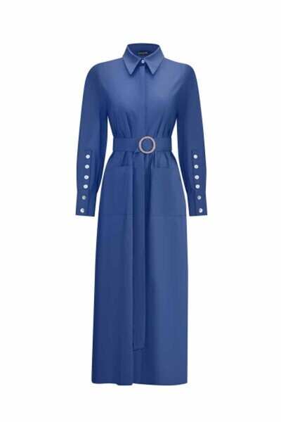 MISS DALIDA Gömlek Yaka Cepli Kumaş Lacivert Elbise