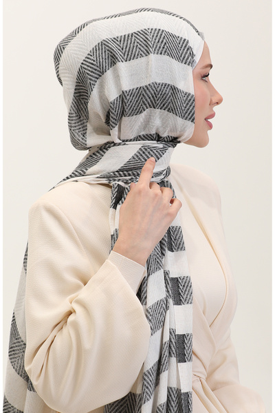 sefamerve Geometric Patterned Linen Shawl 70285-04 Black