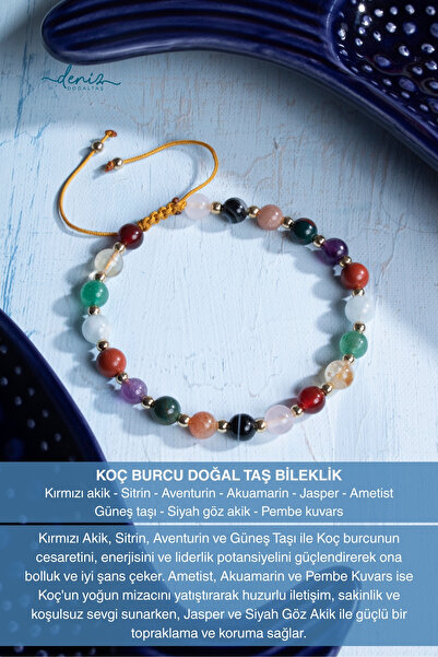 Deniz Doğal Taş Sertifikalı Koç Burcu Doğal Taş Makrome Bileklik