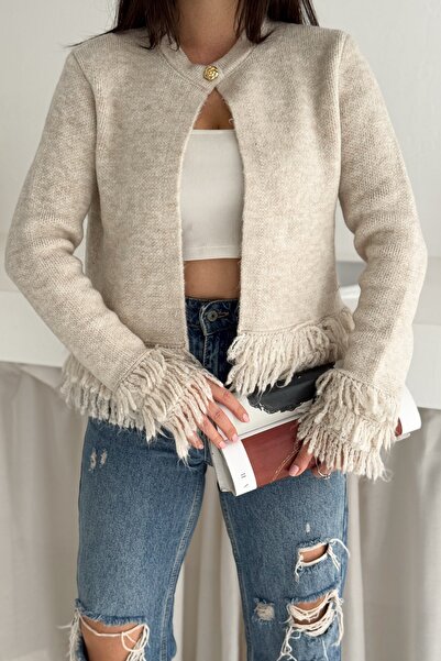 FEMELLE Women's Beige Knitwear Cardigan Tassel Detailed One Button Neckline Standard Size