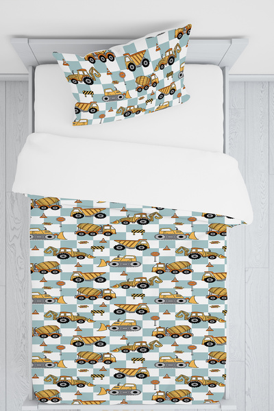 BelezaHome Turquoise and White Construction Machinery Themed Single Baby Kids Bedding Set