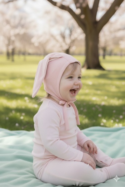 Babygiz Baby Girl and Boy 100% Cotton Combed Extra Soft Rabbit Ear Lace-Up Double Layer Beanie