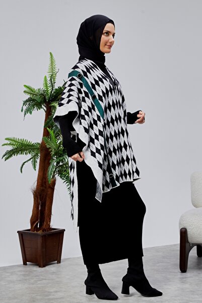 CNR TEKSTİL Bearded Tricot Poncho with Baklava Patterned Striped Button Detail Accessories