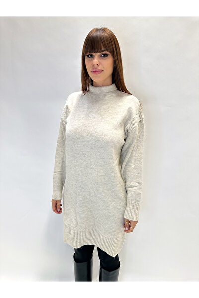 IFASTFASHION Rochie pulover damă bej deschis – tricot moale cu guler înalt, ideală pentru toamnă-iarnă