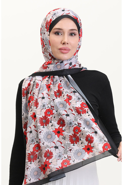 sefamerve شال ناعم منقوش 70263-07 أسود أحمر