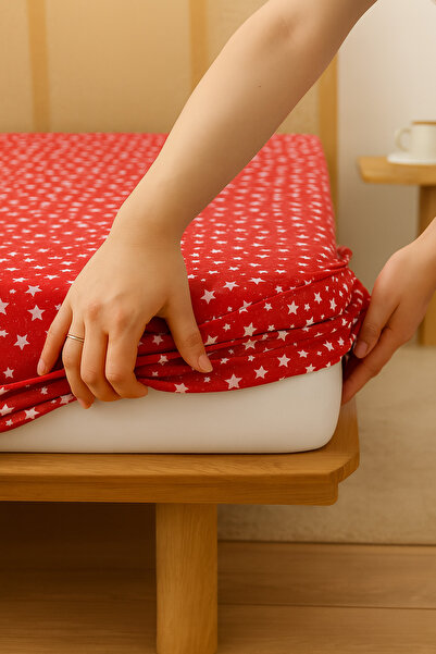 Vip Home Concept Market Ürünleri ملاءة سرير مزدوجة مطاطية 160 سم × 200 سم ملاءة قطنية-نجمة حمراء