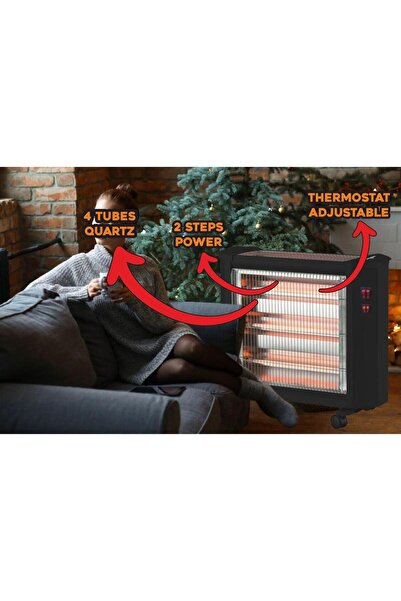 Hausberg Radiator electric quartz HB-8800, 1600W, 4 tuburi quartz, 4 trepte, protectie rasturnare, Negru