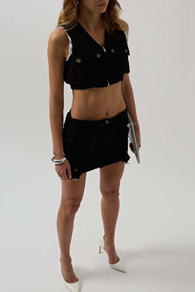 Maxi modena High Waist Lined Buttoned Mini Black Skirt - 40