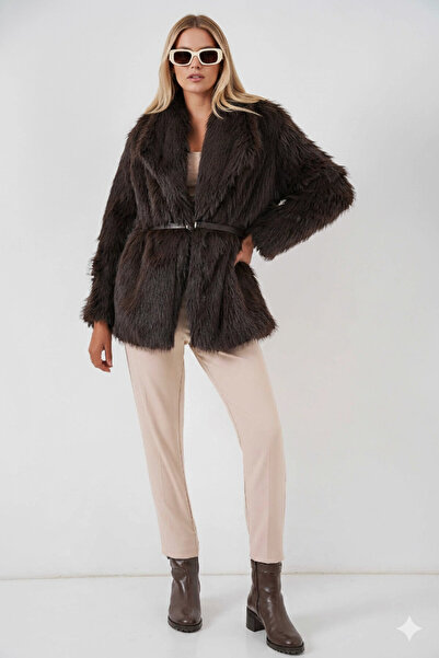 hazelin Γυναικείο παλτό από βελούδινη γούνα με λεπτομέρεια καφέ ζώνης HZL25W-BD191561