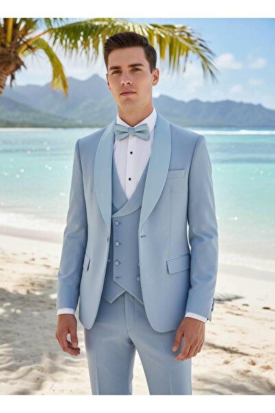 Salihtarzz Damatlık İtalyan Kesim Slim Fit Yelekli Buz Mavisi SD42217