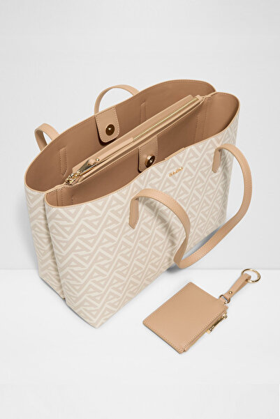 Aldo Ysabelle - Women's Large Size Ecru Three-Compartment Laptop Bag with Fixed Shoulder Strap