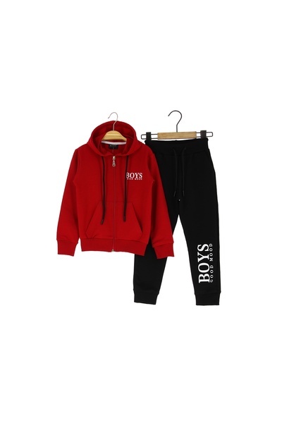 Atabay Kids Atabay 372-10-25 Men's Tracksuit Set with Hood Boys Good Mood Printed Zippered 2 Straps Age 9/12