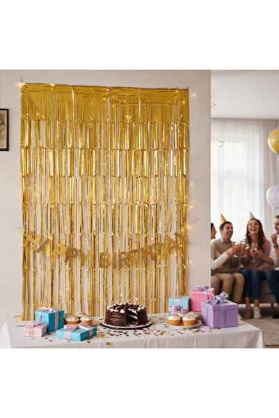 zola Διακοσμητική χρυσή κουρτίνα με λαμπερά κρόσσια, αυτοκόλλητη, ιδανική για πάρτι