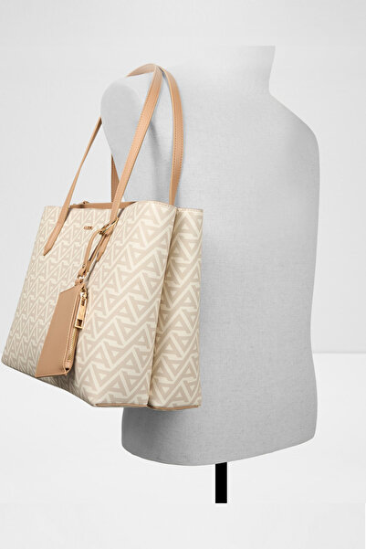 Aldo Ysabelle - Women's Large Size Ecru Three-Compartment Laptop Bag with Fixed Shoulder Strap