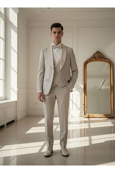 Salihtarzz Damatlık İtalyan Kesim Slim Fit Yelekli Şal Yaka Krem SD42219
